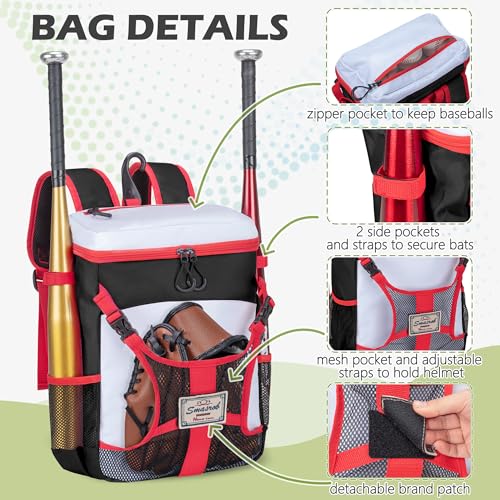 Smasrob Youth Baseball Bag for T Ball, Rec and Travel Ball, Softball Bag with Helmet Holder and Fence Hook - color: Black