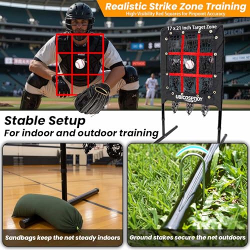 9 Hole Pitching Net with Strike Zone, Improve Baseball Softball Accuracy Training, Adjust Height to 45 Inches, Portable Set up, Indoor Outdoor Practice for Beginner and Professional