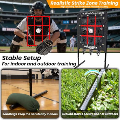 9 Hole Pitching Net with Strike Zone, Improve Baseball Softball Accuracy Training, Adjust Height to 45 Inches, Portable Set up, Indoor Outdoor Practice for Beginner and Professional