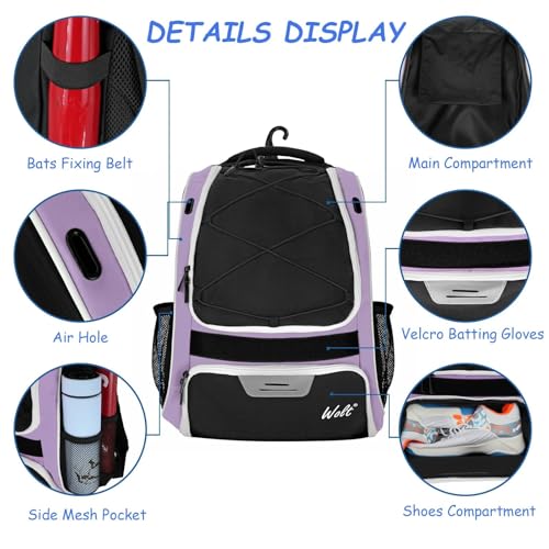 WOLT Youth Baseball Bag - Bat Backpack for Baseball, T-Ball & Softball Equipment & Gear, Bat & Glove Holder, Large Main Compartment for Helmet & accessories, Separate Shoes Compartment, Fence Hook - color: Lightpurple