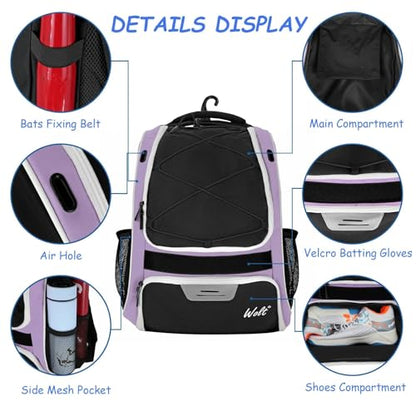 WOLT Youth Baseball Bag - Bat Backpack for Baseball, T-Ball & Softball Equipment & Gear, Bat & Glove Holder, Large Main Compartment for Helmet & accessories, Separate Shoes Compartment, Fence Hook - color: Lightpurple