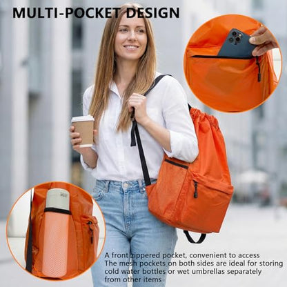 Drawstring Backpack 2 Pack, Water-Resistant Gym Bag with Water Bottle Pocket for Soccer Basketball, Sports, Lightweight Sports Backpack for Men Women (Orange+Blue)