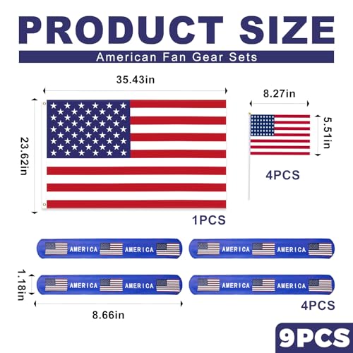 Team USA Cheering Accessories Pack 9 Pcs - 2x3 Ft American Flag, 4 Small US Flags on Stick, 4 Patriotic Slap Bracelets - USA Fan Gear Party Supplies for 2026 Soccer Event, 4th of July, Sports Bar