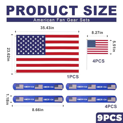 Team USA Cheering Accessories Pack 9 Pcs - 2x3 Ft American Flag, 4 Small US Flags on Stick, 4 Patriotic Slap Bracelets - USA Fan Gear Party Supplies for 2026 Soccer Event, 4th of July, Sports Bar
