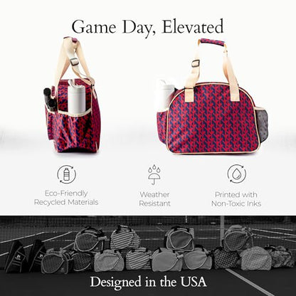 Pik’le’Ball Sport Premium Women's Pickleball Bag – Stylish and Versatile Sports Bag with Water Bottle Holder, Padded Paddle Pocket, and Spacious Design (fits 2+ Paddles!) - color: Court Couture Navy
