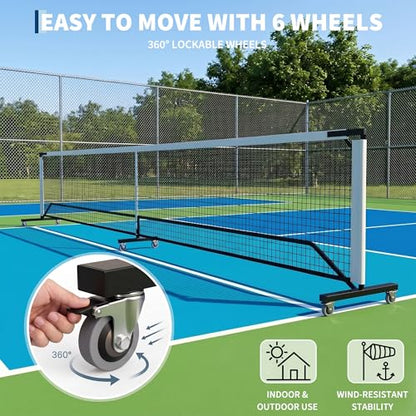 Portable Pickleball Net with Wheels, 22FT Regulation Size Pickle Ball Net, Heavy Duty PE Net with Carry Bag, Easy Setup for Driveway Backyard Outdoor Court