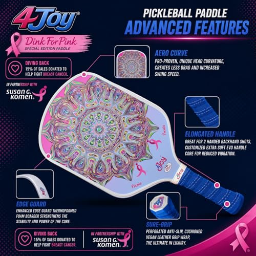 4Joy Pickleball Paddle Premio Series - Thermoformed Premium T700 Carbon Fiber Pickleball Paddless - Professional Pickleball Rackets for Women & Men - 16mm Honeycomb Core - USAP Approved - style: DinkForPink