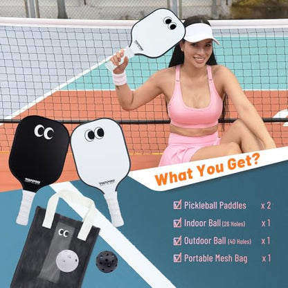 TOPPRO Pickleball Paddles Set of 2, Fiberglass Face, Polypropylene Honeycomb Core, Lightweight Pickleball Rackets 2 Pack - color: EYE Black & White