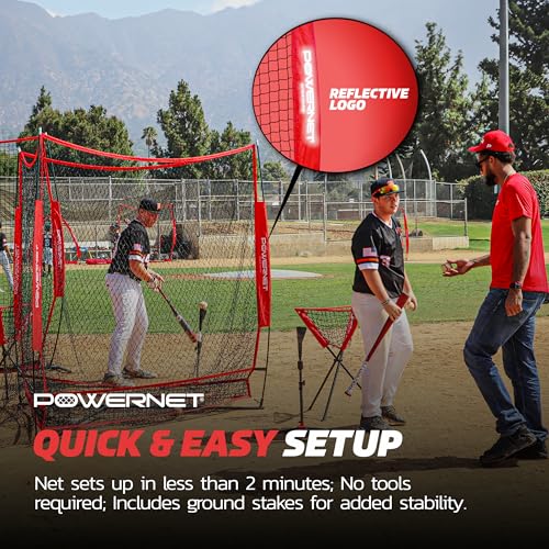 PowerNet Triple Threat Baseball Net, 3 Way 7' x 7' Batting, Hitting & Pitching Net Covers 147 Sq Ft, Softball Baseball Training Equipment, Baseball Practice Net - color: Red