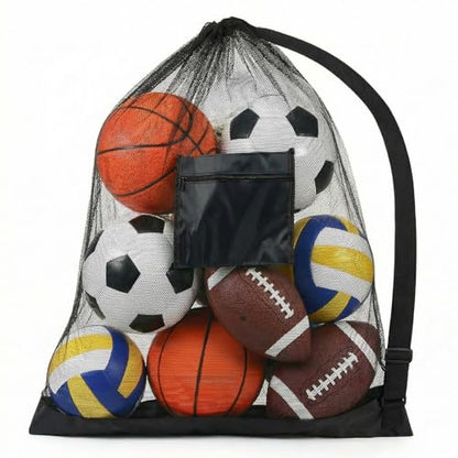 Bremorou Mesh Bags Drawstring, Extra Large Mesh Ball Bag - Heavy Duty Drawstring Backpack for Sports Equipment, Sport Balls Storage Bag with Pocket, Adjustable Shoulder Strap for Gym, Beach, Travel