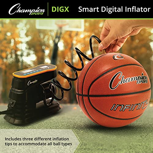 Champion Sports Digital Air Pump - Electronic Inflator for Sports Balls - Portable, Smart Ball Pump for Basketball, Soccer Ball, Football, Volleyball - Comes with Pressure Gauge and 3 Needle Tips