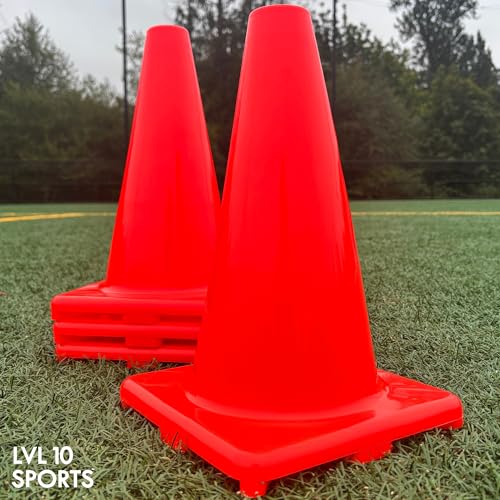 LVL10 Pro Training Cones - 12" Large Soccer Cones for Sports Training - for Basketball, Football, Basketball and Agility Drills - Soccer Field Markers that Won't Crack, Slide or Fly - style: 12 Cones with Stickers
