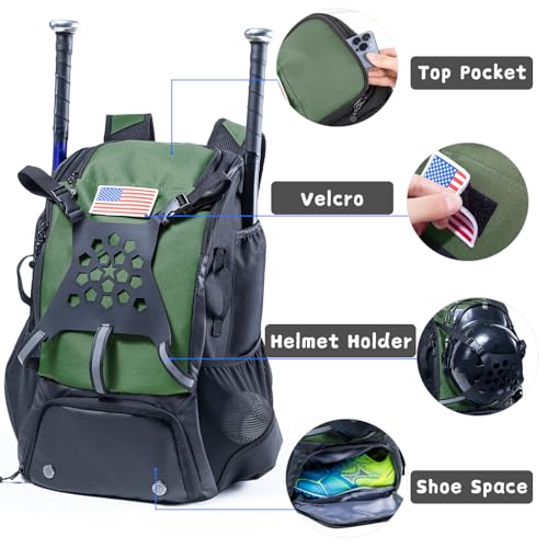 Baseball Backpack for Youth, Boys, Adults - Bat and Softball Equipment Bag With Glove Holder, Helmet, Shoes Compartment - T-Ball Accessories and Baseball Gifts - color: Hunter Green - 42L