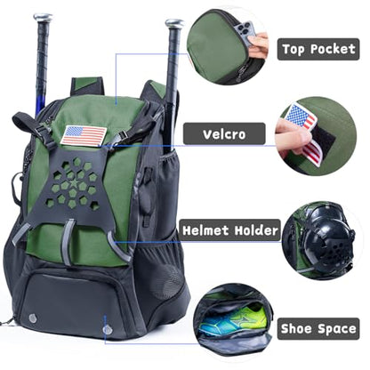 Baseball Backpack for Youth, Boys, Adults - Bat and Softball Equipment Bag With Glove Holder, Helmet, Shoes Compartment - T-Ball Accessories and Baseball Gifts - color: Hunter Green - 42L