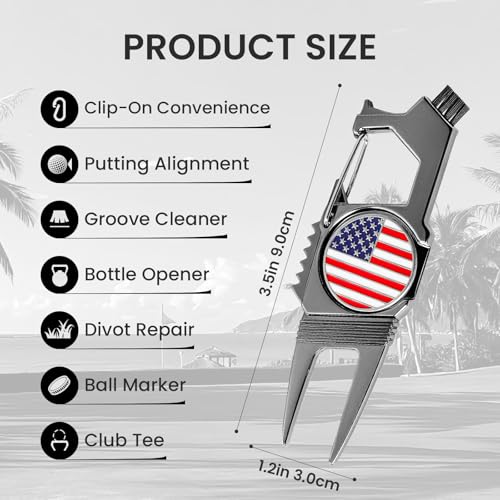 7-in-1 Golf Divot Tool with Ball Marker Value 2 Pack, Green Repair Tool Multi-Use Fixer for Pitch Mark with Clip, Premium Golf Accessories for Men Ladies