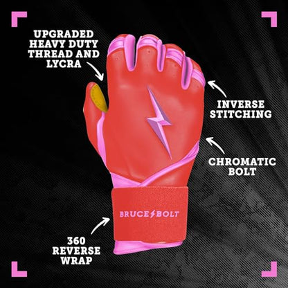 BRUCE BOLT Signature Series Long Cuff Batting Gloves - Pro-Athlete Collection - Adult & Youth Sizes - color: Bader/Pink, size: YTH Medium