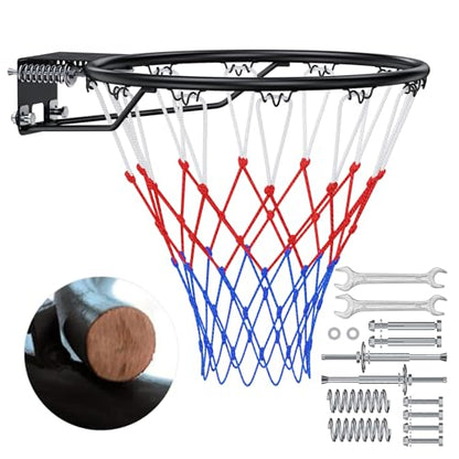 Basketball Rim, 18" Replacement Wall Mounted Outdoor Basketball Hoop, Heavy Duty Solid Steel, Double Spring Basketball Hoop Rim with All Weather Net for Indoor and Outdoor Hanging