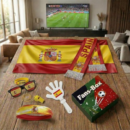 Soccer Fan Gear Set 2026-7 Piece Game Day Kit with Flag, Scarf, Glasses, Whistle, Clapper, Wristband & Headband in Gift Box - Watch Party & Stadium Essentials for Spain - color: Spain