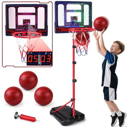 Basketball Hoop for Kids 3 4 5 6 7 8 Years Old, Electronic Basketball Goal with Adjustable Stand, 7 LED Lights & Scoreboard, Indoor Outdoor Sports Toy, Birthday for Kids Boys Ages 3-12
