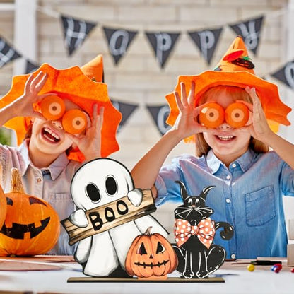 Smile Happy Halloween Wooden Table Decoration, Pumpkin Ghost Boo Black Cat Standing Centerpieces, Indoor Decor for Desk Shelf and Party - style: Halloween