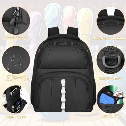 Goloni 2 Ball Bowling Backpack,Bowling Ball Bag with Shoe Compartment & Portective Foam Padded, Fits Shoes Up to US Size 16 - color: Black