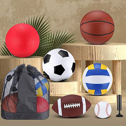 Libima 6 Pcs Multi Sport Ball Set Official Size Football Basketball Soccer Volleyball Playground Ball Baseball with Outdoor Sports Equipment Bag Pump Back to School Sports Gift