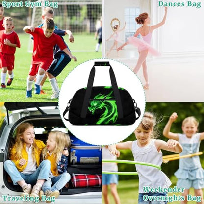 Green Dragon Kids Duffel Bag for Boys, Abstract Animal Sports Gym Bags Overnight Travel Weekender Lightweight Carry On Sleepovers Duffels for School Practice Gymnastics - color: Green Dragon