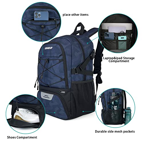 GRANDUP Basketball backpack with ball and shoes compartment Fit Volleyball, soccer, Swim, Gym, Travel, and School, large capacity sports training equipment bags - color: blue indigo