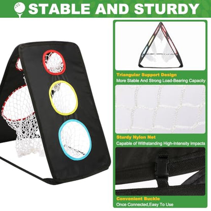 Golf Chipping Net: Ultra-Portable Dual-Sided Triple Target Training System with 400D Canvas for Indoor/Outdoor Backyard Practice – Includes Mat & Foam Balls & Golf Tees (Golfer Gift)