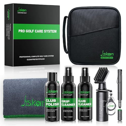 Jiskan Pro Golf Cleaning Kit with Golf Club Cleaner Brush, Grip Cleaner, Club Polish, Towel, Club Groove Sharpener Tool and Portable Case, Essentials Golf Accessories for Men Golf Gifts for Golfers