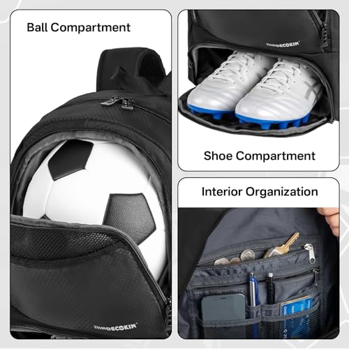 Soccer Backpack with Ball Compartment and Cleat Pocket, Water-Resistant Youth Sports Bag for Soccer Basketball Volleyball, Athletic Gear Bag for Teens & Junior Athletes