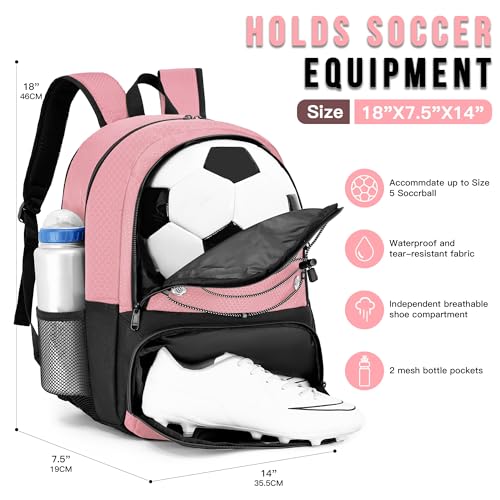Hsmihair Youth Soccer Bag-Soccer Backpack&Backpack for Football Basketball,with Ball Compartment Separate Cleat Package - color: Light Pink