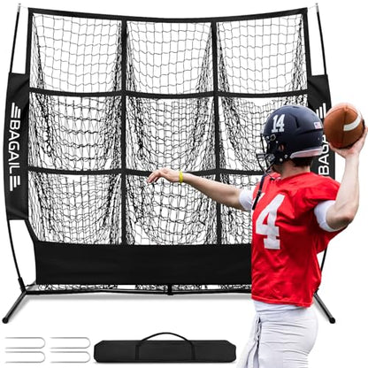 BAGAIL Football Throwing Net - 5 or 9 Target Pockets, Easy Setup, Heavy-Duty - Portable QB Accuracy Trainer, Fun Target Practice Net for Football with Carry Bag - color: Black, style: 5'x5' - 9 Pockets