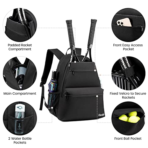 Tennis Bag Professional Tennis Backpack for Men and Women Racket Bags Holds 2 Rackets with Ventilated Shoe Compartment - color: Black with Shoes Compartment