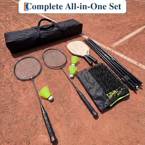 16.8FT Portable Badminton Net with Carry Bag, Height Adjustable Volleyball Net 3.5-5Ft, Complete Pickleball Set with Badminton Rackets, Shuttlecocks, Pickleball Paddles, for Indoor Outdoor Use