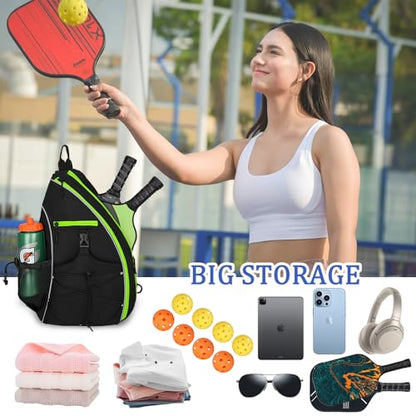 Goloni Pickleball Sling Bag for Men Women, Lightweight Pickleball Backpack with Fence Hook - color: Black Green