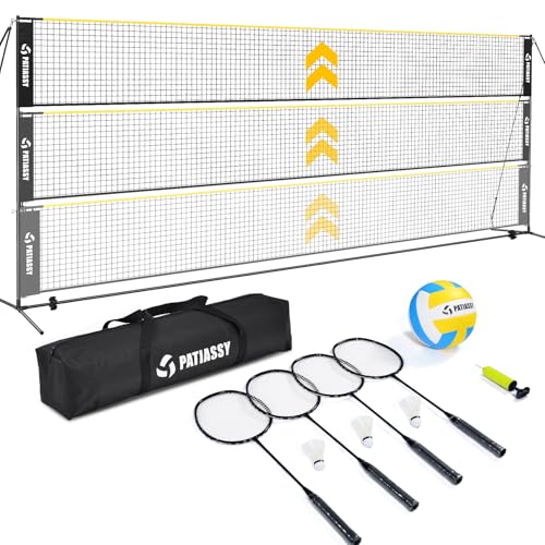 Volleyball Badminton Pickleball 3-in-1 Combo Net Set for Backyards, 5.1-7.4ft Adjustable Height Freestanding Indoor Sports Nets, Portable 17ft Outdoor Net with Carry Bag, Rackets and Balls - color: Yellow