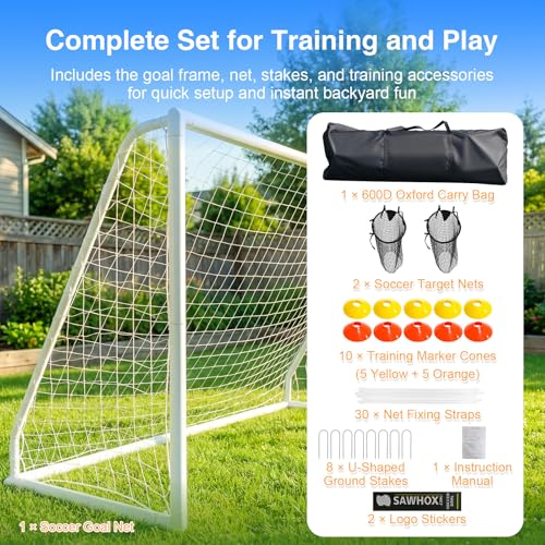 12x6 Soccer Goal for Backyard, Portable PVC Soccer Goal with 2 Target Nets, 10 Cones & Carry Bag, 68mm Frame, Easy Setup for Kids, Youth Training & Family Play
