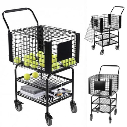 Tennis Ball Basket Pickup Hopper Holds 350 Balls Tennis Ball Hopper Basket Cart 2 Layers with Wheel for Training/Teaching