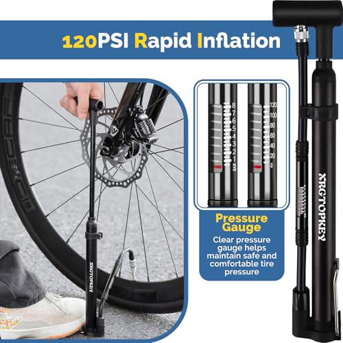 Bike Pump with Gauge, Floor Stand Mini Bike Pump 120 PSI with Foot Rest for Stable Inflation, Dual Valve Schrader Presta, Bicycle Tire Inflator for Fast Emergency Repair on MTB and Road Bike