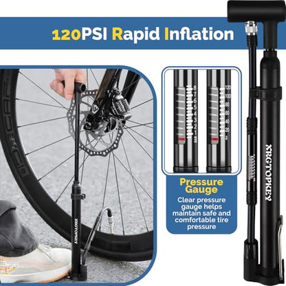 Bike Pump with Gauge, Floor Stand Mini Bike Pump 120 PSI with Foot Rest for Stable Inflation, Dual Valve Schrader Presta, Bicycle Tire Inflator for Fast Emergency Repair on MTB and Road Bike