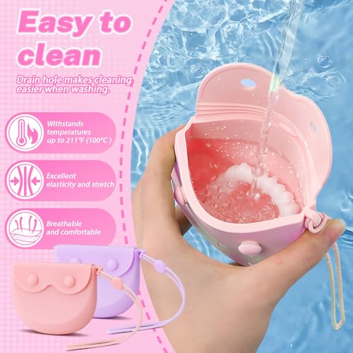 LELE LIFE 2Pcs Silicone Retainer Case with Vent Holes, Unbreakable Retainer Holder with Hand Strap Slim Retainer Container Box for Travel Partial Denture Night Mouth Guard Aligner Case (Pink + Purple) - color: Pink + Purple