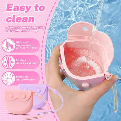 LELE LIFE 2Pcs Silicone Retainer Case with Vent Holes, Unbreakable Retainer Holder with Hand Strap Slim Retainer Container Box for Travel Partial Denture Night Mouth Guard Aligner Case (Pink + Purple) - color: Pink + Purple
