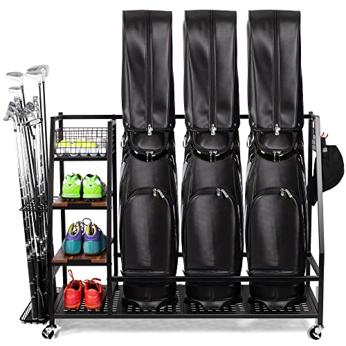 Sttoraboks Golf Bags Storage Garage Organizer, Golf Bag Rack Fits 2/3 Golf Bags and Golf Equipment Accessories, Golf Club Storage Stand with Wooden Shelf and Lockable Wheels for Garage Indoor Basement - style: 3pcs Bag Stand