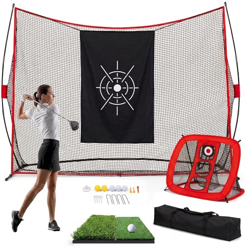Garvee Golf Nets 10x7 FT, Golf Practice Net for Backyard Driving Real GolfBalls, Golfer Hitting with Chipping, Dual Turf Mat, Silk Targets, Balls&Tees, Carry Bag, for Garage Indoor Outdoor Driving