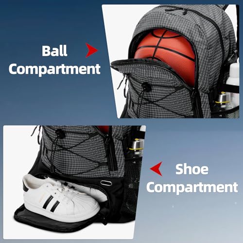 HUA ANGEL Basketball Backpack, Large Sports Bag with Separate Ball Holder & Shoe Compartment, Men/Women Gym Backpack for Basketball Soccer Volleyball - color: Gray