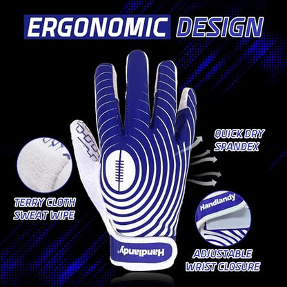 HANDLANDY Youth Football Gloves, Kids Sticky Receiver Gloves,Super Grip Football Glove Best Gift for Boys,Girls - color: White and Blue, size: X-Small-Youth