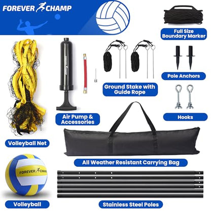 Forever Champ Volleyball Net for Backyard, Beach, Home, Includes 32x3 Ft Regulation Size Net, 8.5-Inch PU Volleyball, Carrying Bag, Boundary Lines, Steel Poles & Pump, Portable Volleyball Net Outdoor