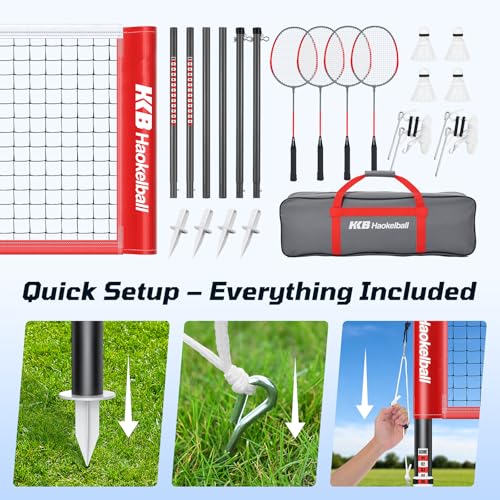 Haokelball Outdoor Badminton Net Set with Anti-Sag Winch System - 20ft Badminton Net, 4 Rackets, 4 Shuttlecocks & Carry Bag, Badminton Set for Backyard, Grass, Beach, Holiday Games - color: B-Red
