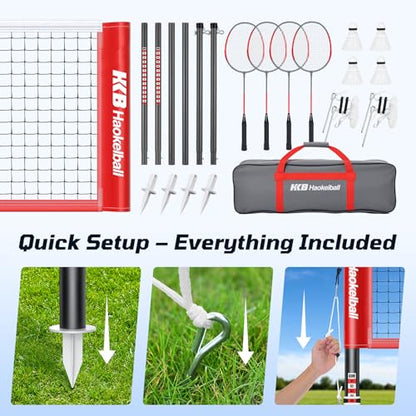 Haokelball Outdoor Badminton Net Set with Anti-Sag Winch System - 20ft Badminton Net, 4 Rackets, 4 Shuttlecocks & Carry Bag, Badminton Set for Backyard, Grass, Beach, Holiday Games - color: B-Red